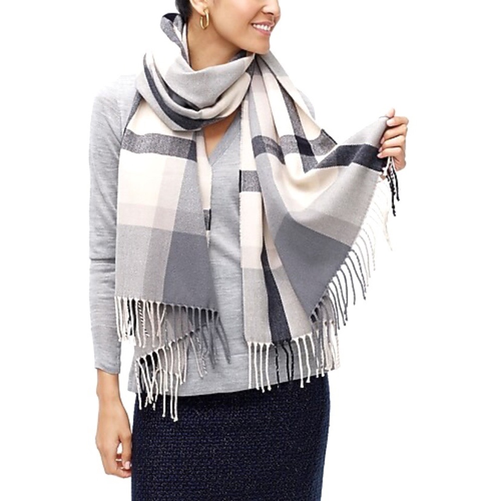 J. Crew Classic Plaid Scarf 77.5” Gray Ivory - Picture 2 of 8